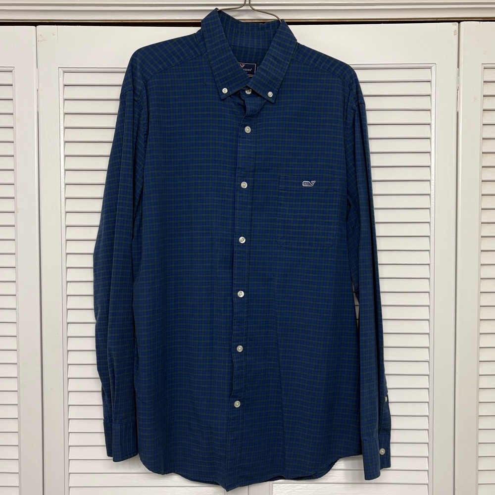 Men's Vineyard Vines Blue and Green Checkered Shirt